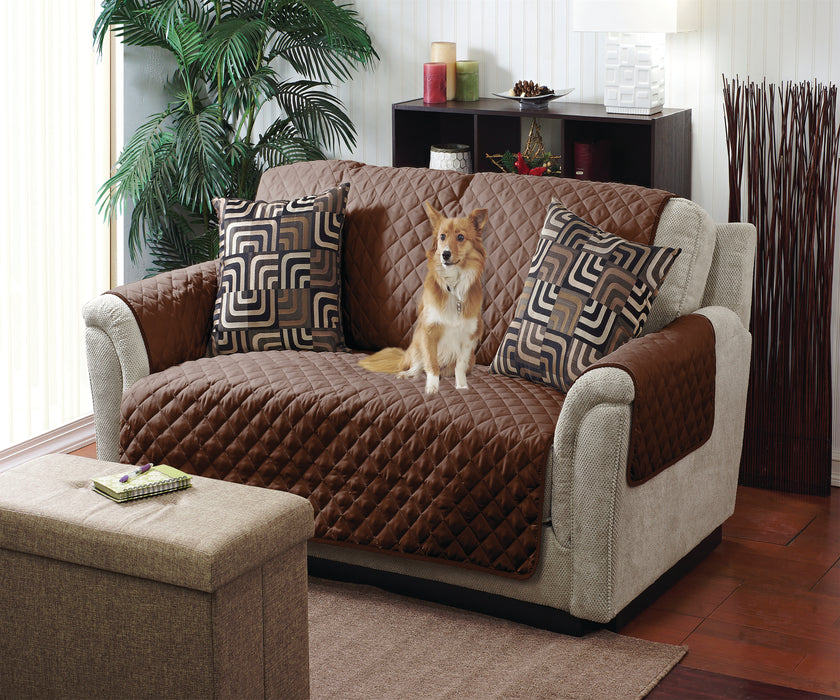 Home Details Reversible Quilted Loveseat Cover Furniture Protector-Brown / Beige
