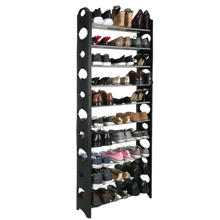 Simplify 30 Pair 10 Shelf Stackable Shoe Rack-Black