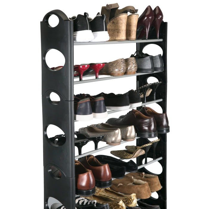 Simplify 30 Pair 10 Shelf Stackable Shoe Rack-Black
