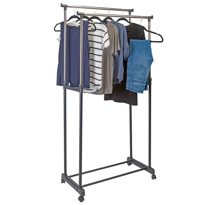 Simplify Double Tier Adjustable Height Clothes Rack with Wheels