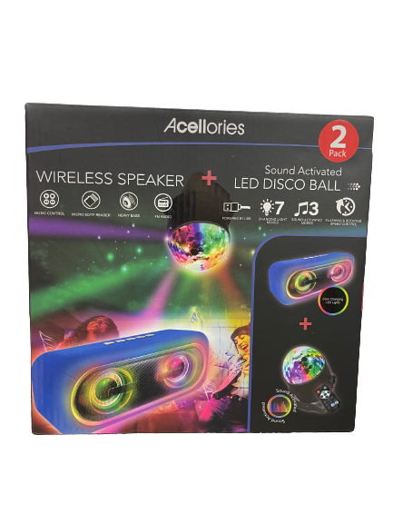 Acellories 2pk Wireless Speaker + LED Sound Activated Disco Ball - Blue