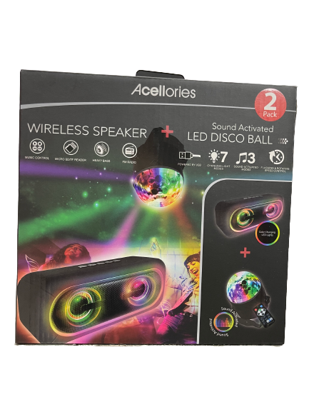 Acellories 2pk Wireless Speaker + LED Sound Activated Disco Ball - Black