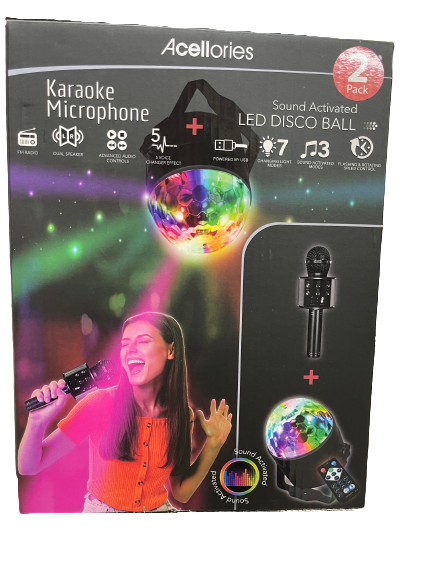 Acellories 2pk Karaoke Microphone + LED Sound Activated LED Disco Ball - Black