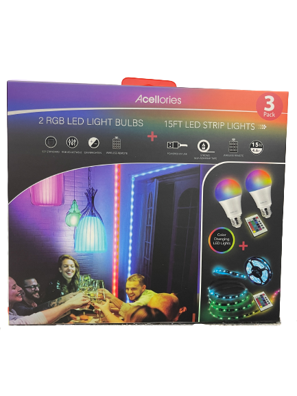 Acellories 2 RGB LED 6W Light Bulbs + 15ft LED Strip Lights