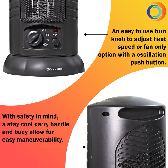 Comfort Zone  1500 Watt Mini Oscillating Ceramic Tower Heater, Black