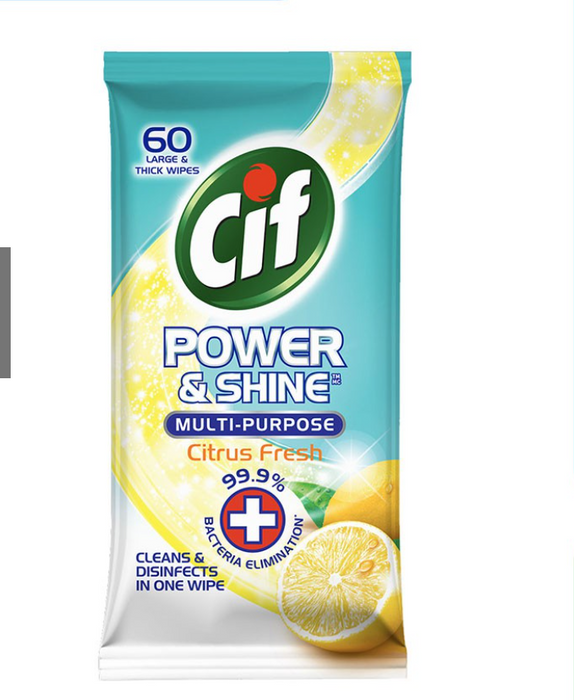 Cif Power & Shine Multi-Purpose Antibacterial Wipes 60 Count - Citrus Fresh