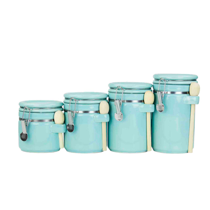 Home Basics 4 Piece Ceramic Canister Set with Wooden Spoons, Turquoise