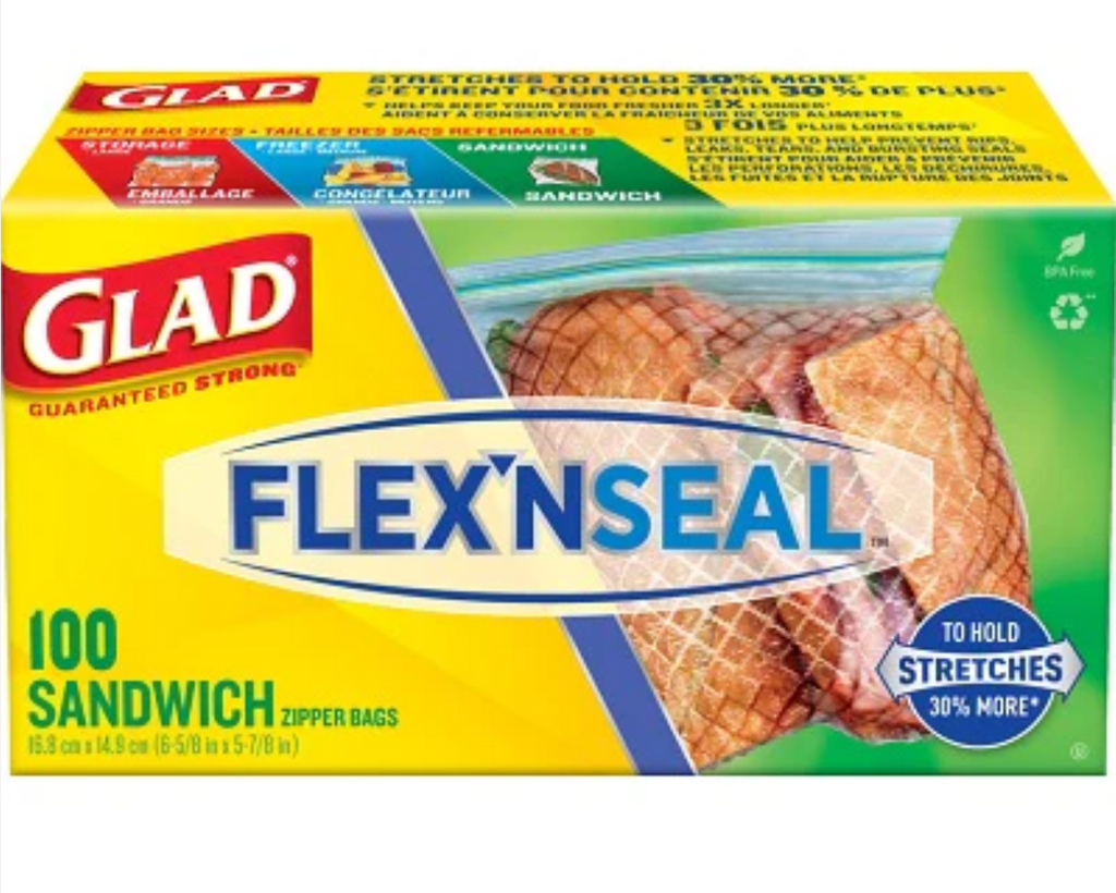 Glad FLEX’NSEAL Food Storage Bags, Sandwich – 100 Count