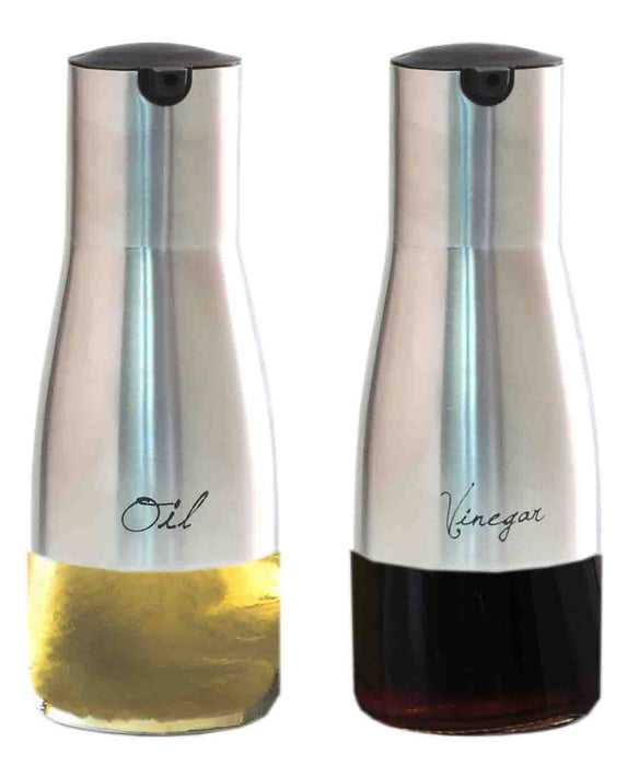 Home Basics 8.5 oz. Oil and Vinegar Set with See-Through Glass Base, Silver